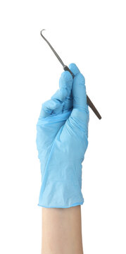 Medical worker holding metal skin hoot on white background, closeup