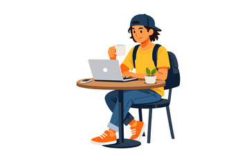 Young person works on laptop at table in a coffee shop while holding a cup of drink wearing casual clothes and a backpack during daytime