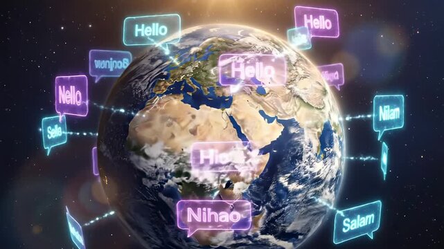 The Earth rotates in deep space with glowing speech bubbles. Various languages display greetings like Hello, Hola, Bonjour, and Nihao. Global communication and connection.