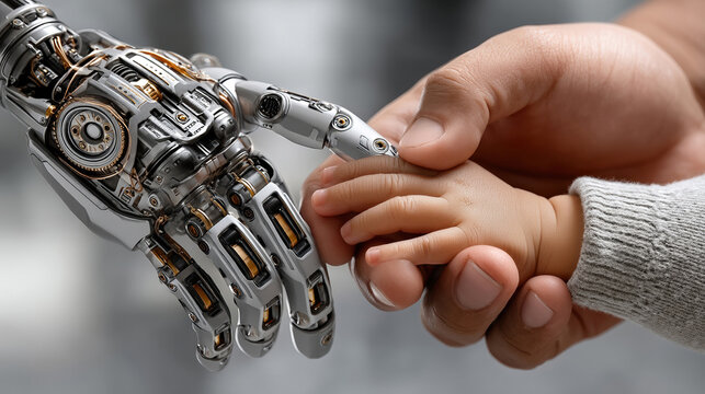 Exploring the connection between ai and humanity: robot and baby hands depicting trust and future relationships in technology