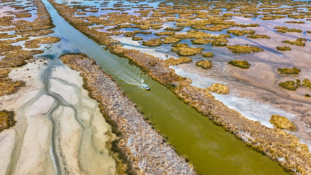 Aerial view of a solitary boat glides through the tranquil, narrow waterway cutting through a landscape of golden reeds and intricate mud patterns, Puno, Peru.