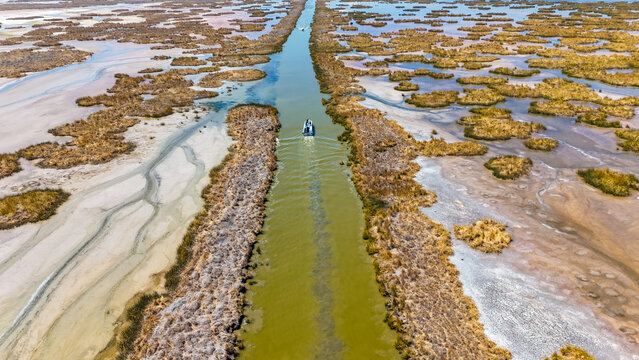 Aerial view of a solitary boat navigates a narrow channel carved through the expansive, textured wetlands of Lago Titicaca, reflecting the sky, Puno, Peru.