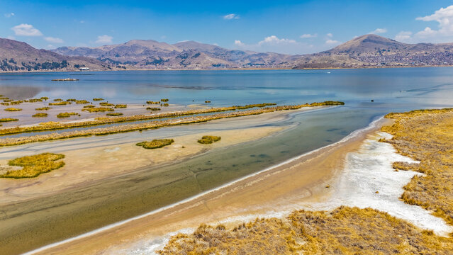 Aerial view of the tranquil waters meeting the shore, where golden grasslands contrast with the deep blue of Lago Titicaca, Puno, Peru.