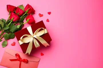 Fotobehang Natuur Park Beautiful velvet gift box, love letter, roses and decorative hearts on pink background, flat lay with space for text. Valentine's Day  © New Africa