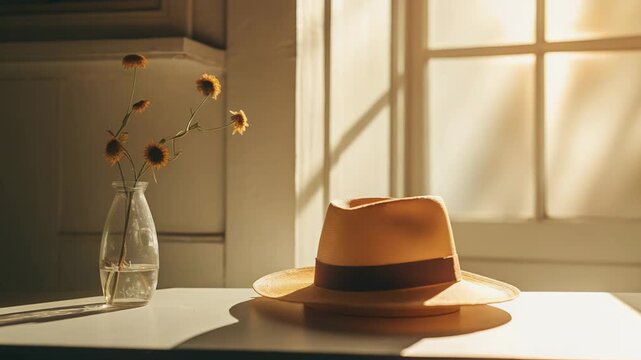 Fedora hat resting beside a coffee cup on a table with a vase of dried flowers, illuminated by warm morning sunlight casting soft shadows through a window creating a peaceful ambiance