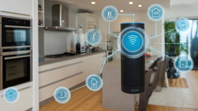 Medium shot of a person using voice commands to control smart home devices showcasing seamless automation and handsfree connectivity.