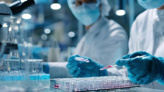 Dynamic medium shot of scientists manipulating nanoparticle solutions to optimize filtration efficiency in cuttingedge waste treatment technology.