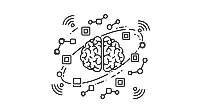 Human brain connected to digital network with nodes and signals representing artificial intelligence and cognitive processing
