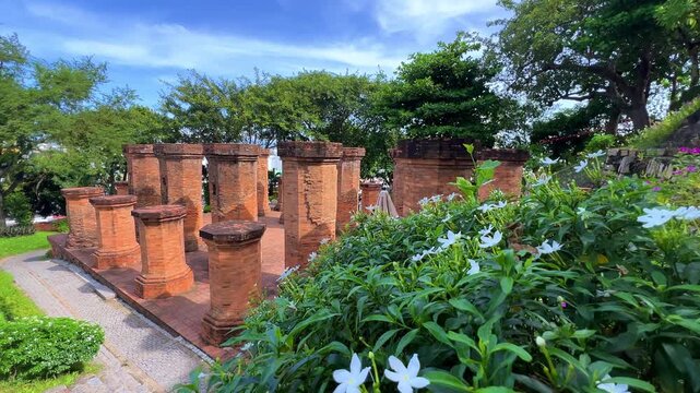 Vietnam, September 7, 2025: Columns of the first level of the Po Nagar Temple Complex in Nha Trang. Temple complex on Mount Cu Lao of the medieval state of Tampa. 4K