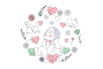 Vector illustration of a woman surrounded by hearts and flowers