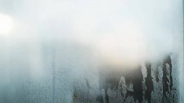 Steamy glass covered with condensation and water droplets, reflecting soft light to form an abstract, wet texture on a shower or window surface moist, blurred, minimal