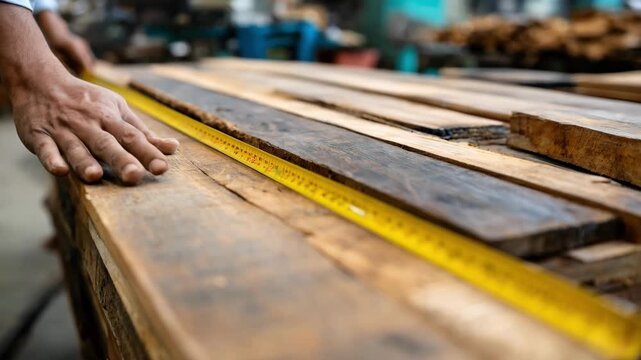 Medium shot of a craftsman measuring wooden panels to create a unique size specification for a personalized outdoor shelter