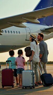 Family boarding flight: parents and kids excitedly point at airplane before departure