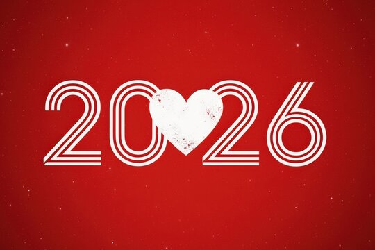 Heart symbol replacing zero in 2026 on red background