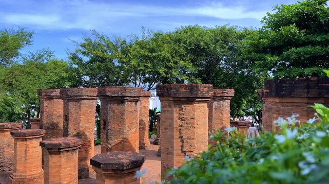 Vietnam, September 7, 2025: Columns of the first level of the Po Nagar Temple Complex in Nha Trang. Temple complex on Mount Cu Lao of the medieval state of Tampa. 4K