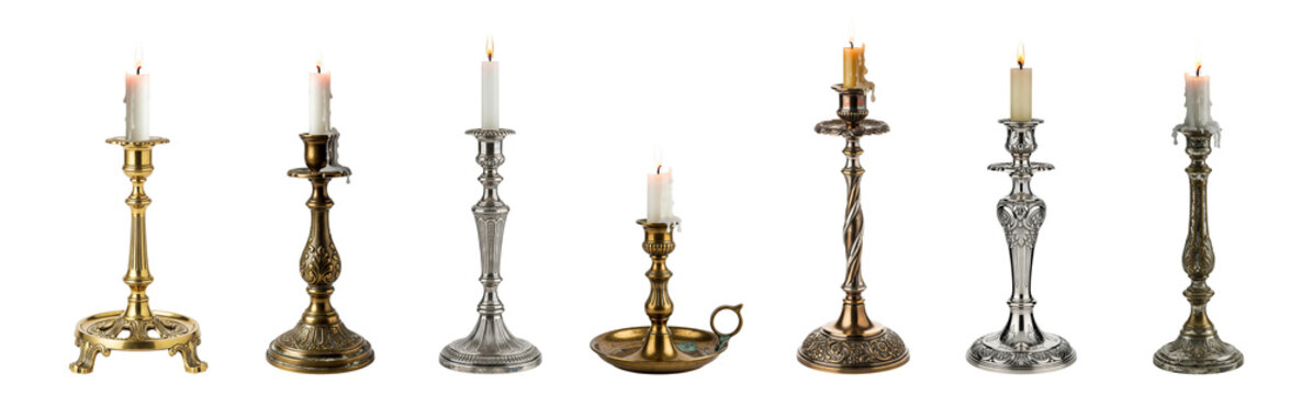 Set of candlesticks with one burning candle on a transparent background, png