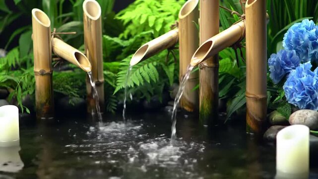 Bamboo Fountain with Candles and Flowers.