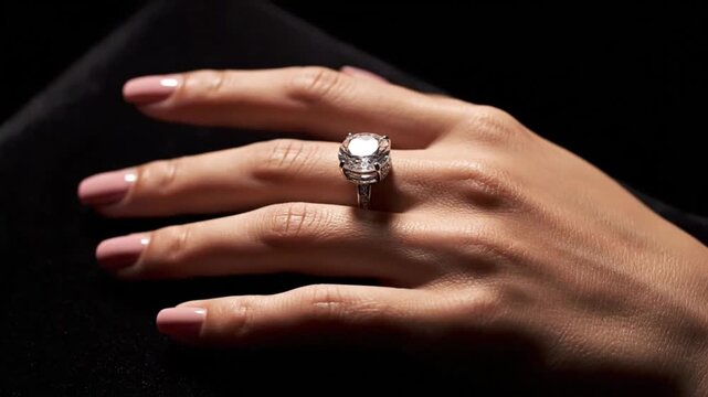 Close up photograph showcases a woman's hand prominently displaying a large brilliant cut diamond solitaire engagement ring