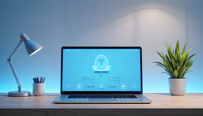 Laptop displaying a simple blue security or login interface sits centered on a wooden desk beside a modern desk lamp and a potted succulent plant.