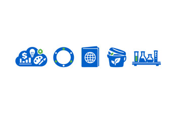 Obraz premium Symbols showing various aspects of sustainability including finance, global connection, travel, eco-friendly practices, and science in a modern context