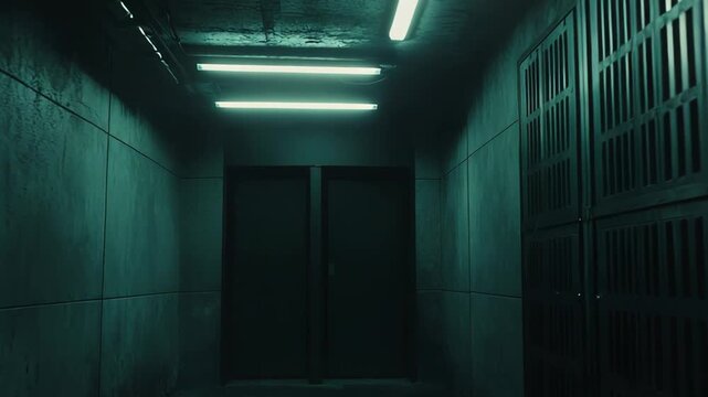 Dark, empty corridor in an abandoned industrial facility or bunker, featuring minimalist architecture illuminated by glowing fluorescent lamps, creating an eerie and mysterious atmosphere