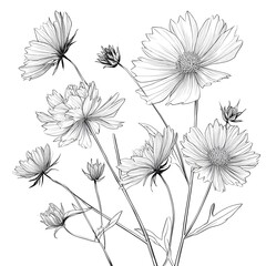 A beautiful black and white illustration of flowers on a white background