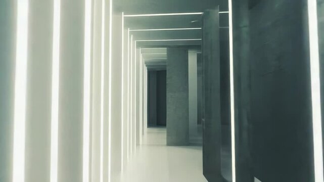 Modern architectural space featuring parallel glowing led light lines creating a tunnel effect, reflecting on a smooth surface, symbolizing technology, progression, and advanced design