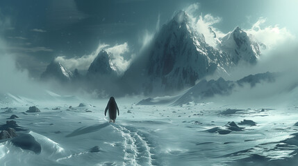 Lone Penguin Crossing Neon Arctic Landscape