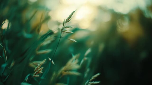 Wild grass stalks catching the warm golden sunlight, creating a serene and natural background with blurred green foliage and shimmering light bokeh, highlighting organic growth and peaceful nature
