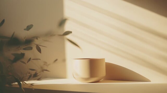 Minimalistic product display podium featuring soft shadow patterns and blurred natural foliage, creating a serene and clean backdrop for showcasing cosmetic or wellness items