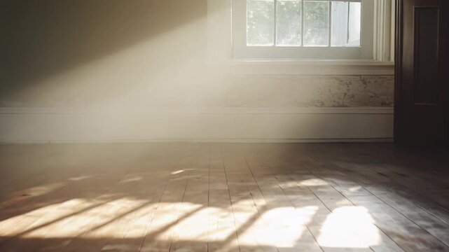 Untouched room featuring a worn wooden floor reflecting bright sunbeams and window shadows, creating an atmospheric scene of natural light and empty space