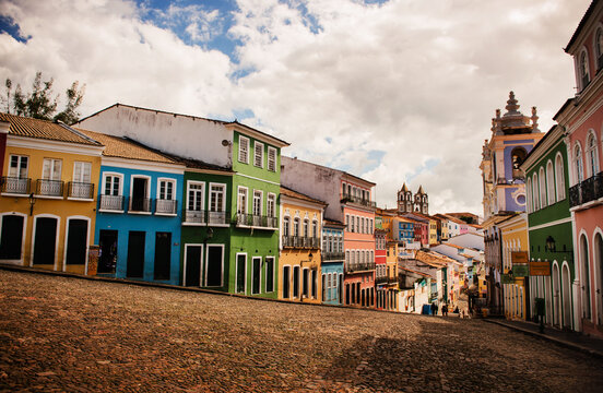 colorful houses in the old town of Salvador, Brazil, Bahia, South America