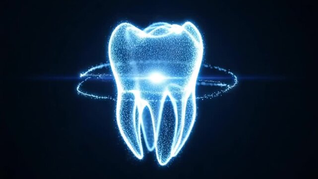 Glowing blue tooth with sparkling particles on dark background