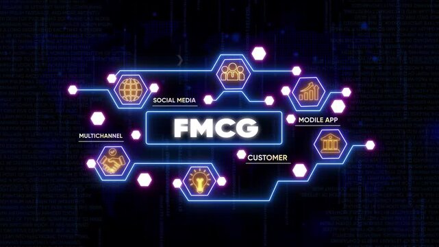 F M C G Business Concept with Neon Infographic and Representing Social Media, Mobile App, Customer, and Multichannel Marketing Strategies