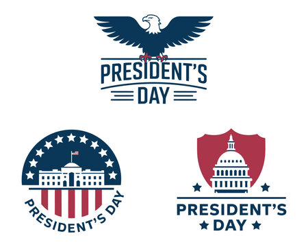 Set of President's Day emblems featuring an eagle and government buildings.