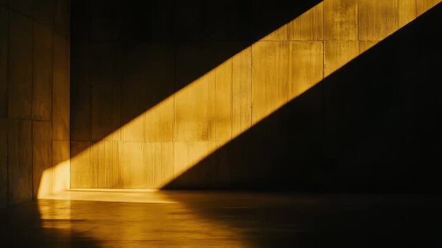 Warm sunlight illuminates a textured wall and polished floor. Casting a sharp diagonal shadow across the corner of an empty room. Highlighting a concrete background with abstract light and dark areas