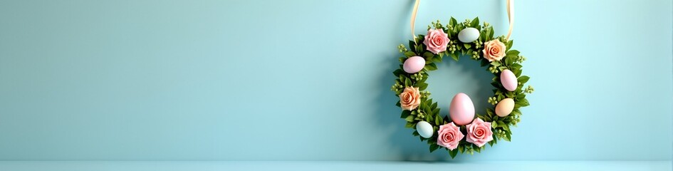 Easter wreath with pastel eggs and pink roses on a blue background. Spring holiday floral decoration. Festive banner with copy space for greeting or invitation