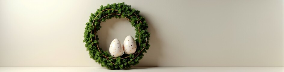 Minimalist Easter decoration with two white eggs with gold polka dots in a green wreath. Modern spring holiday still life. Panoramic banner with copy space for a greeting