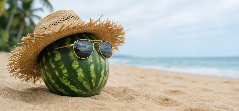 Past&egrave;que sur la plage avec un chapeau en raphia naturel et des lunettes de soleil, arri&egrave;re plan sur la mer bleu vacances sous le soleil, espace vide pour produit ou texte