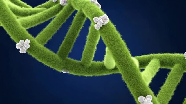 A 3d rendering of a green dna double helix structure with white molecules on a dark blue background