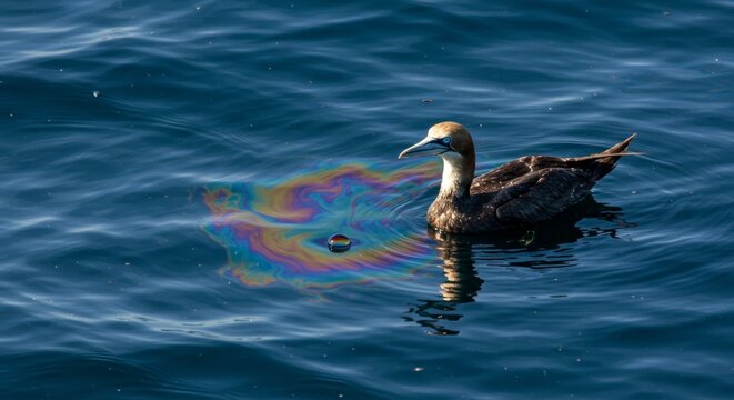 Brown booby bird swims on blue ocean water with an oil slick. Environmental pollution and disaster concept.