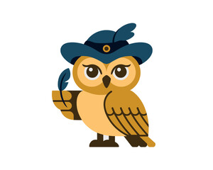 Obraz premium An illustration of an owl wearing a hat and holding a quill pen is depicted against a white background.