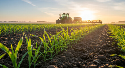 Tractor in Corn Field at Sunrise, Agriculture Farming Landscape