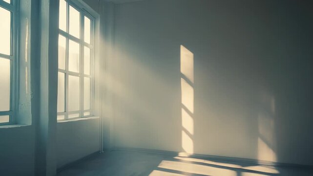 Sunlight beaming through a large window illuminating an empty room, casting distinct window frame shadows across the clean wall and floor, representing new beginnings and a fresh space