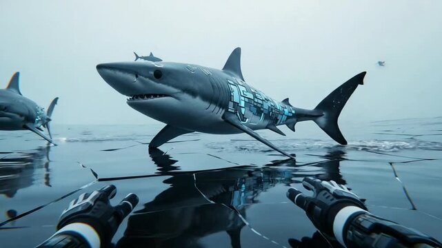 Cybernetic Shark Encounter Underwater Scene with Robotic Hands and Futuristic Oceanic Environment shark with circuit board metallic shark
