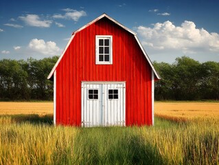 Obraz premium Red barn standing in a golden summer farm field