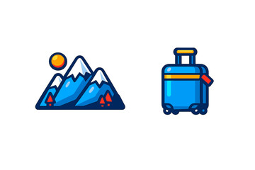 Colorful icons set for travel and adventure with mountain and rolling suitcase