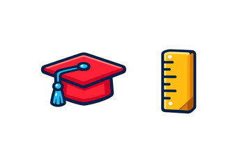 Bright red mortarboard and yellow measuring ruler symbolizing academic achievement and learning