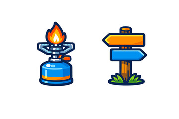 Obraz premium Lit portable gas camping stove and wooden signpost with blank directional arrows for travel