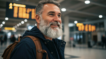 Obraz premium Happy senior man with a beard and backpack smiling in an airport. Vacation and travel concept for mature adult.